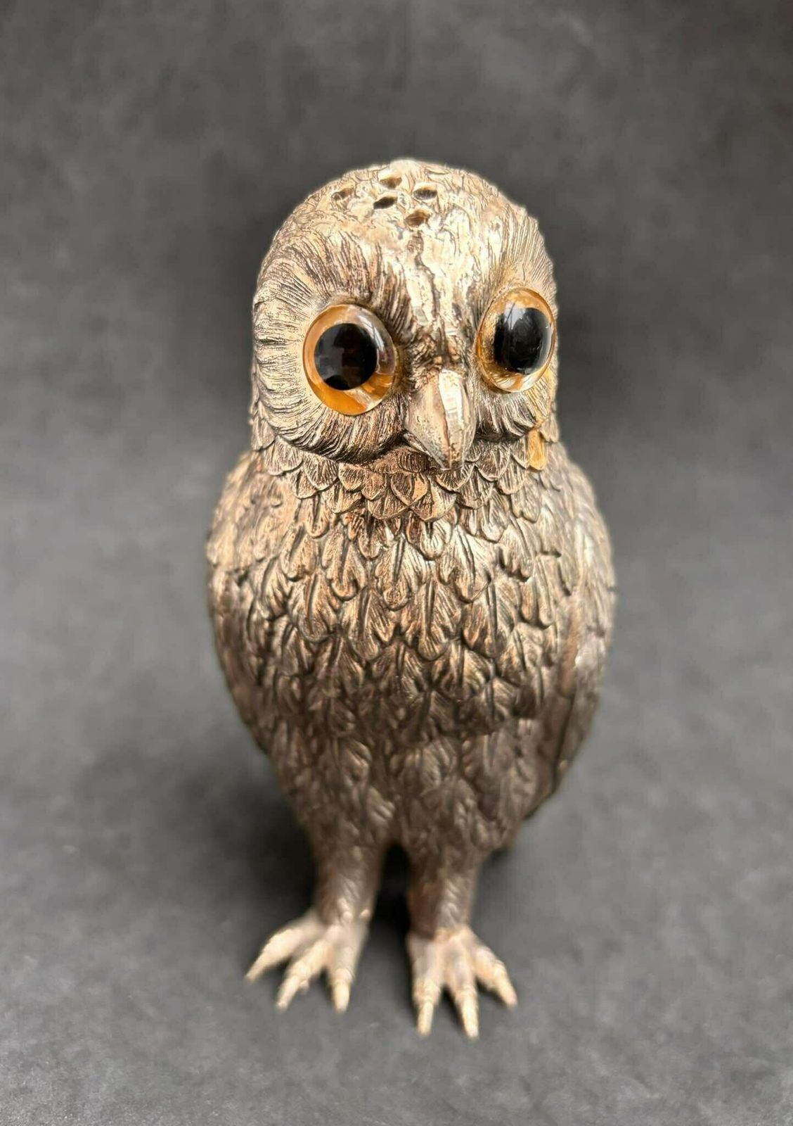 Silver Plate Owl Corbell Salt Shaker Large Insert Glass Eyes Novelty English Silver Plated Novelty Piece Animal Figurine Owl Lover Gift photo furniture