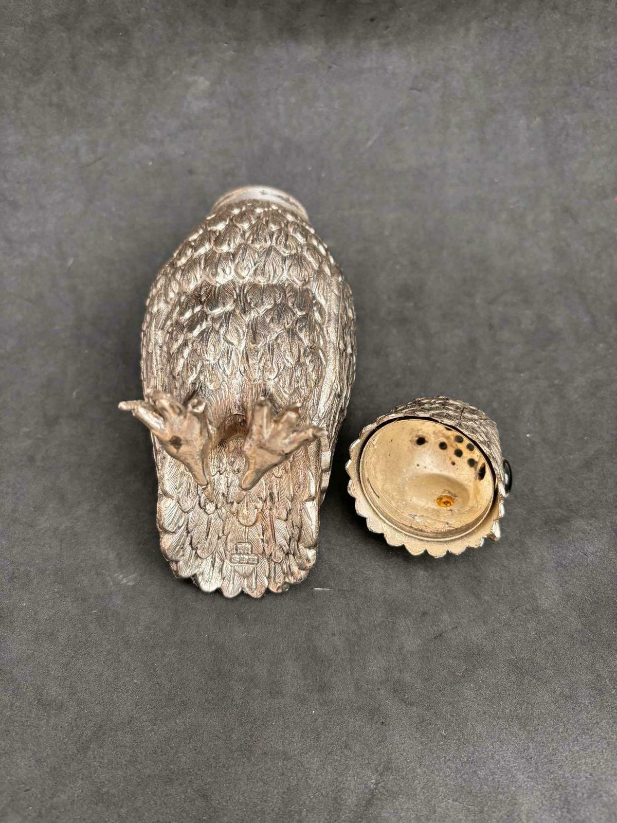 Silver Plate Owl Corbell Salt Shaker Large Insert Glass Eyes Novelty English Silver Plated Novelty Piece Animal Figurine Owl Lover Gift photo vintage