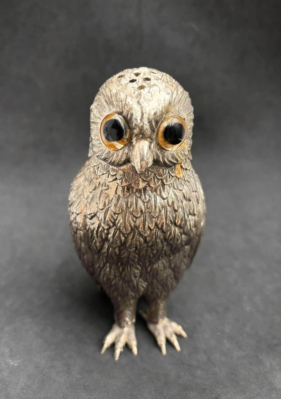 photo for sale Silver Plate Owl Corbell Salt Shaker Large Insert Glass Eyes Novelty English Silver Plated Novelty Piece Animal Figurine Owl Lover Gift