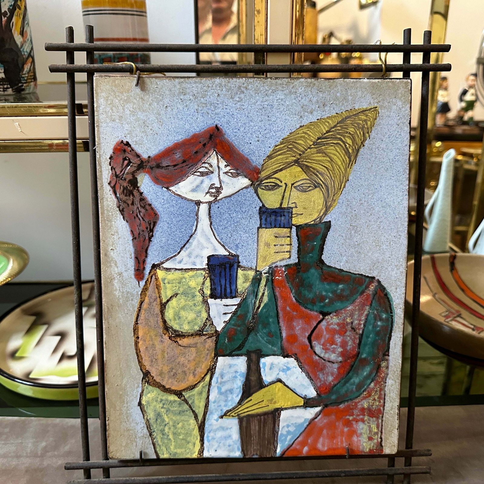 1950s Mid Century Modern Iron Framed Hand Painted Ceramic Italian Plaque photo furniture