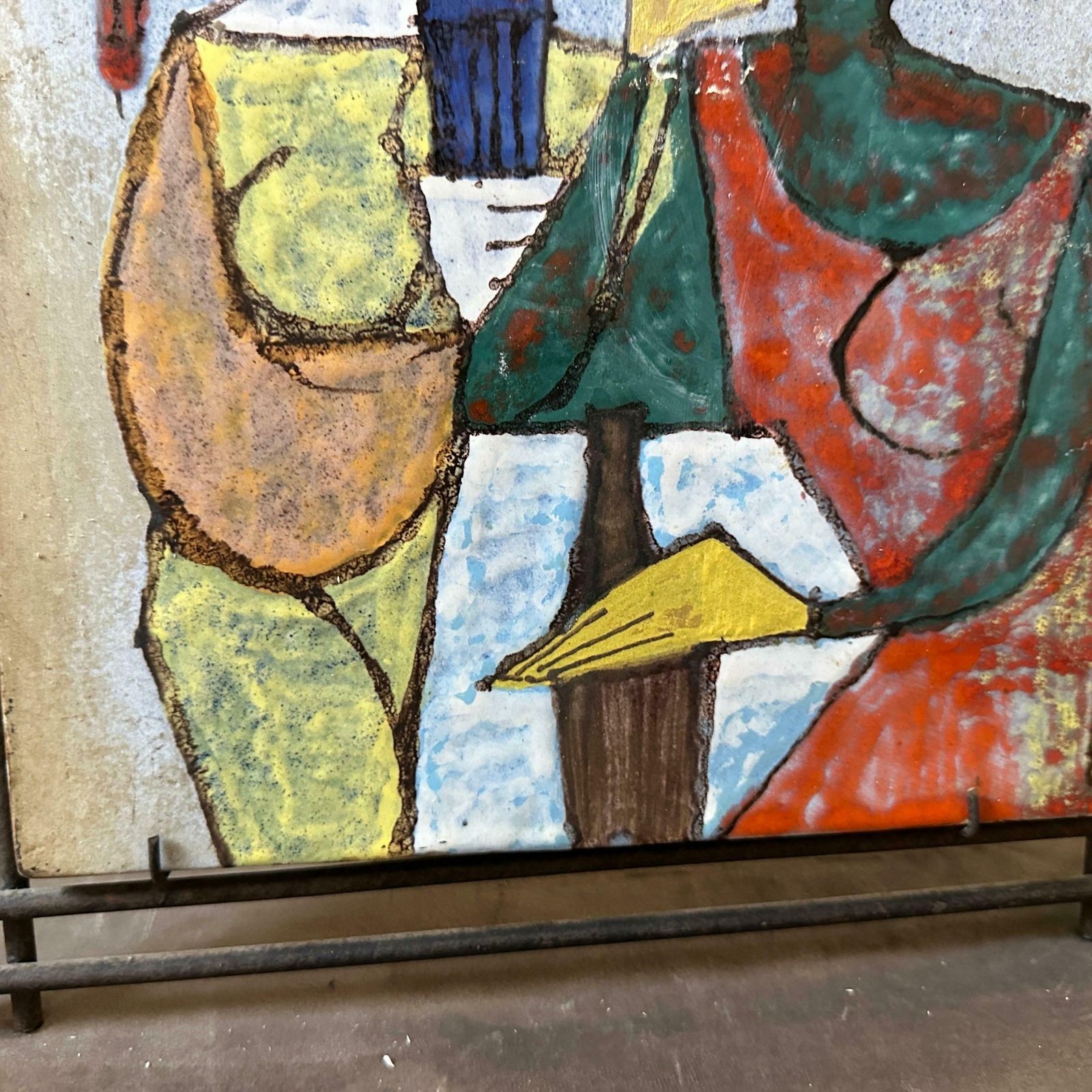 1950s Mid Century Modern Iron Framed Hand Painted Ceramic Italian Plaque photo Art