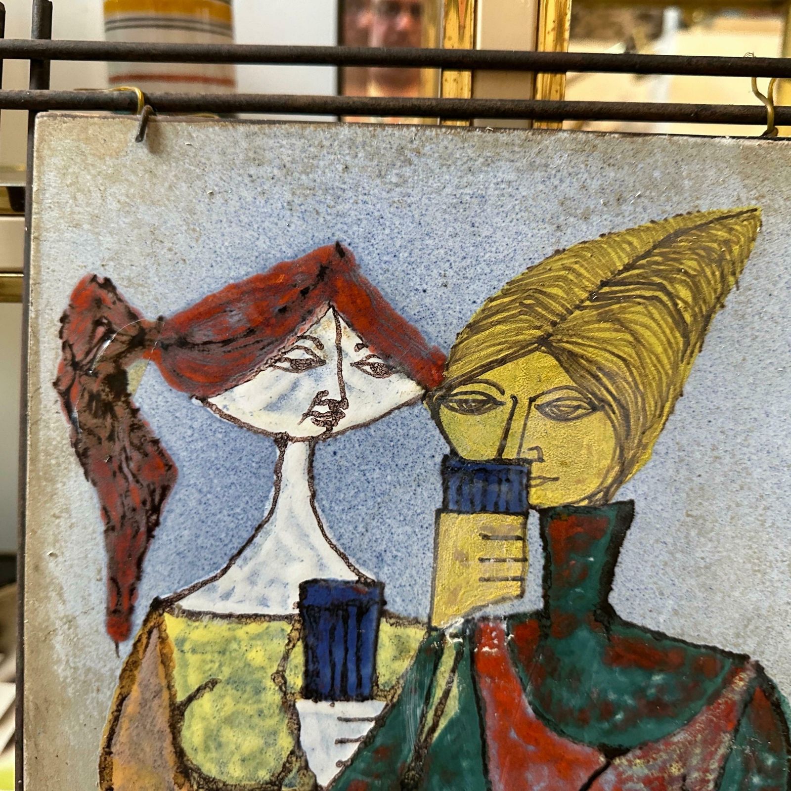 photo furniture 1950s Mid Century Modern Iron Framed Hand Painted Ceramic Italian Plaque