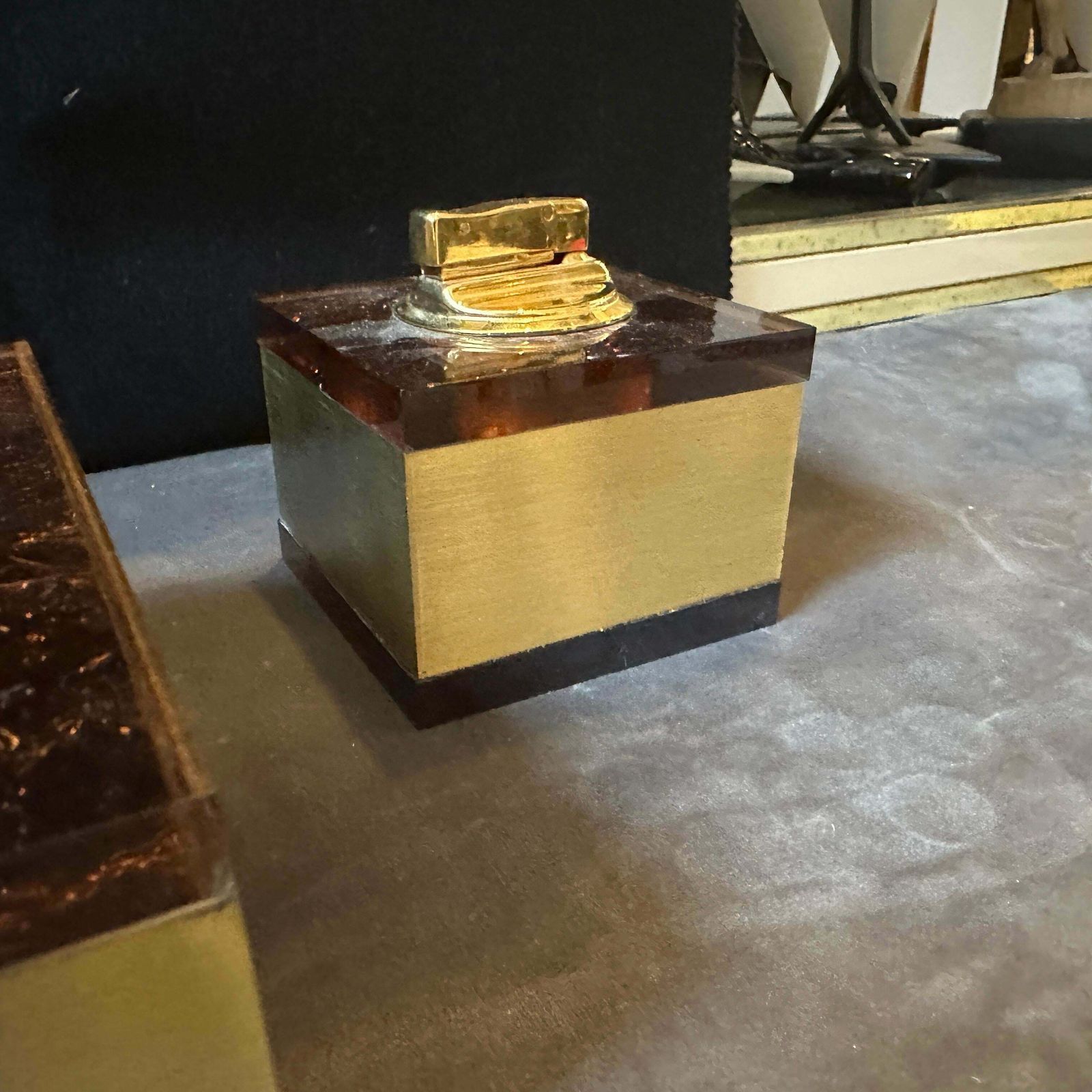 1970s Mid Century Modern Brass And Fake Tortoiseshell Lucite Italian Smoking Set photo Home Decor