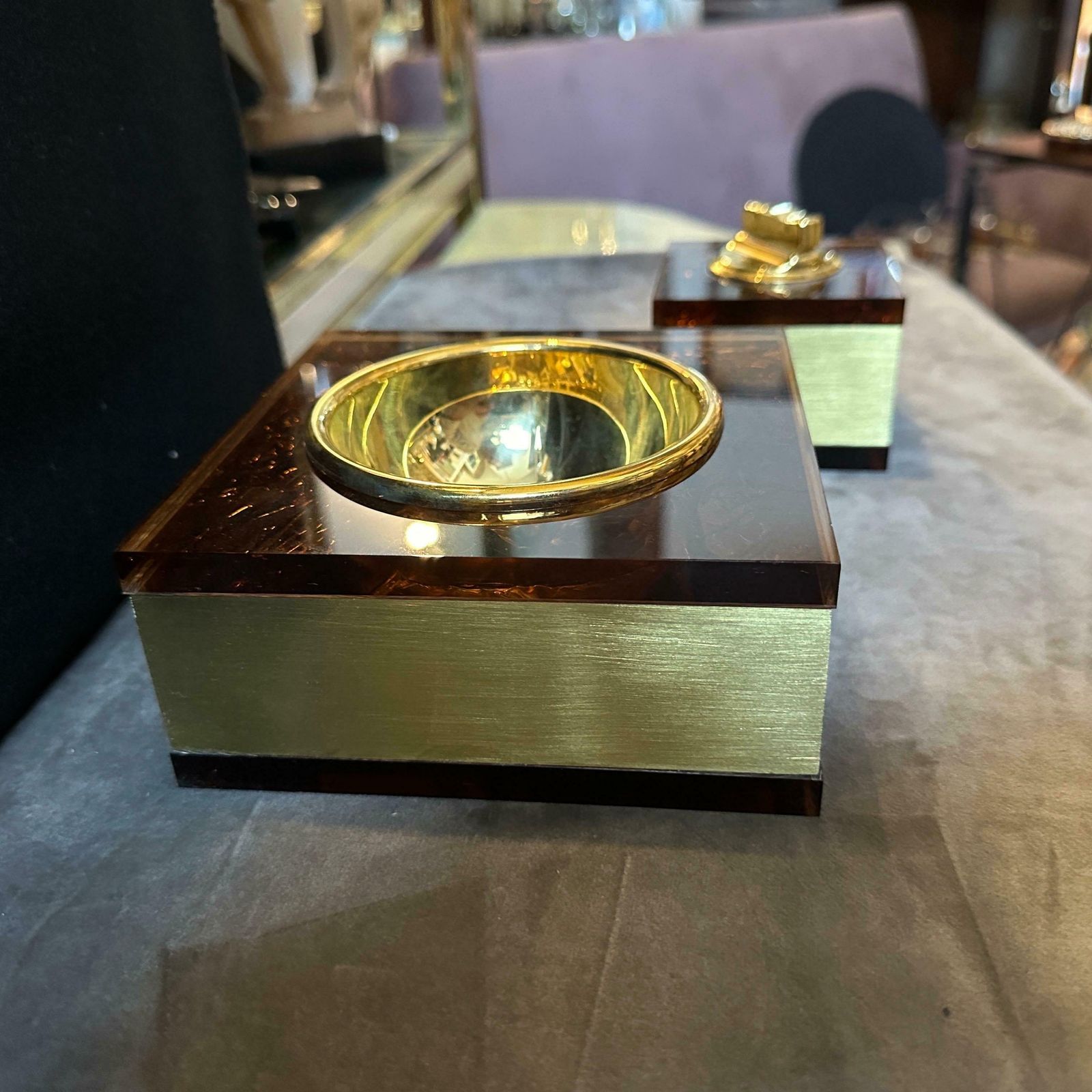 528.0 1970s Mid Century Modern Brass And Fake Tortoiseshell Lucite Italian Smoking Set photo