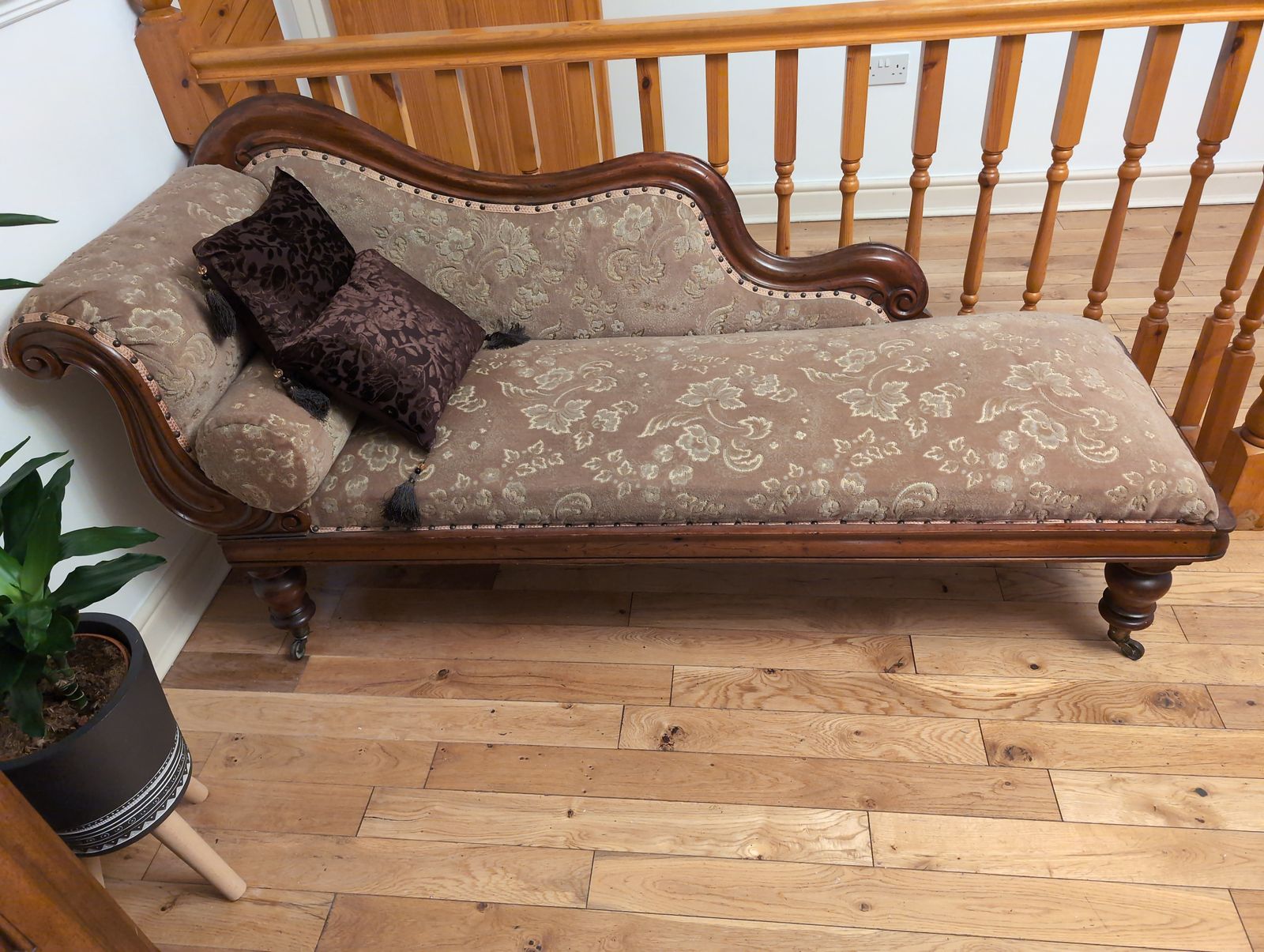 photo for sale Antique Chaise Longue. Original Upholstery, With Rolled Cushion.