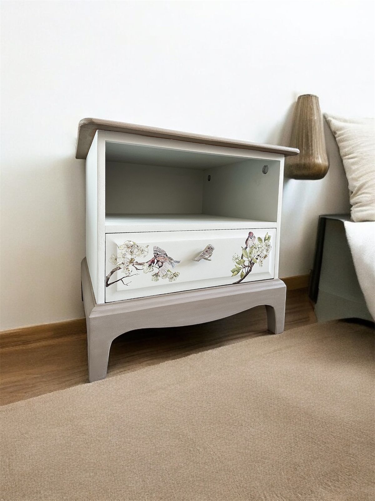 photo furniture Set Of Bird Design Bedside Cabinets, Bedside Tables, Grey Cabinets, Hand Painted Drawers, Bedside Drawers, Stag Drawers, Upcycled