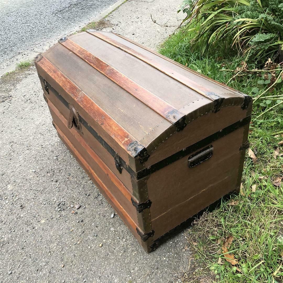 photo for sale Antique Wooden Arch Top Travel Trunk 1920s