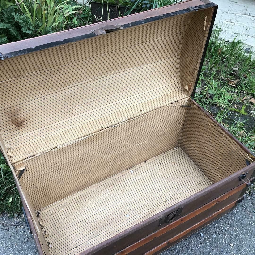 Furniture Antique Wooden Arch Top Travel Trunk 1920s photo