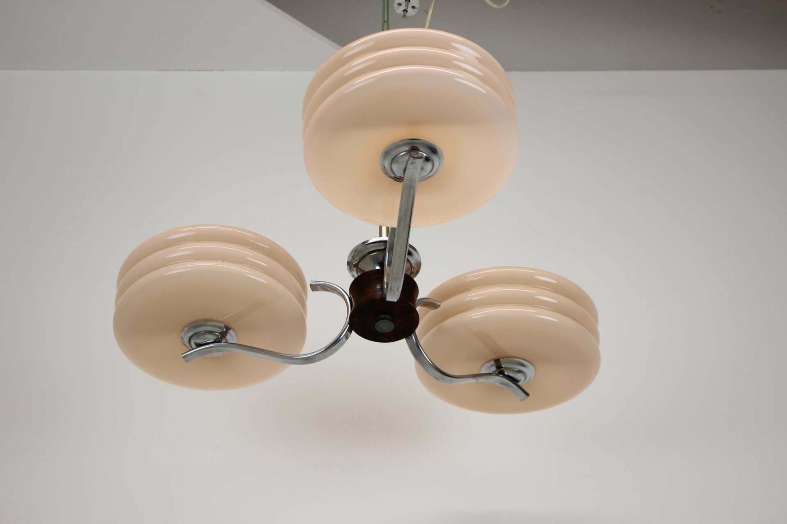Art Deco Chrome And Pink Glass Chandelier, 1930's, Czechoslovakia photo for sale