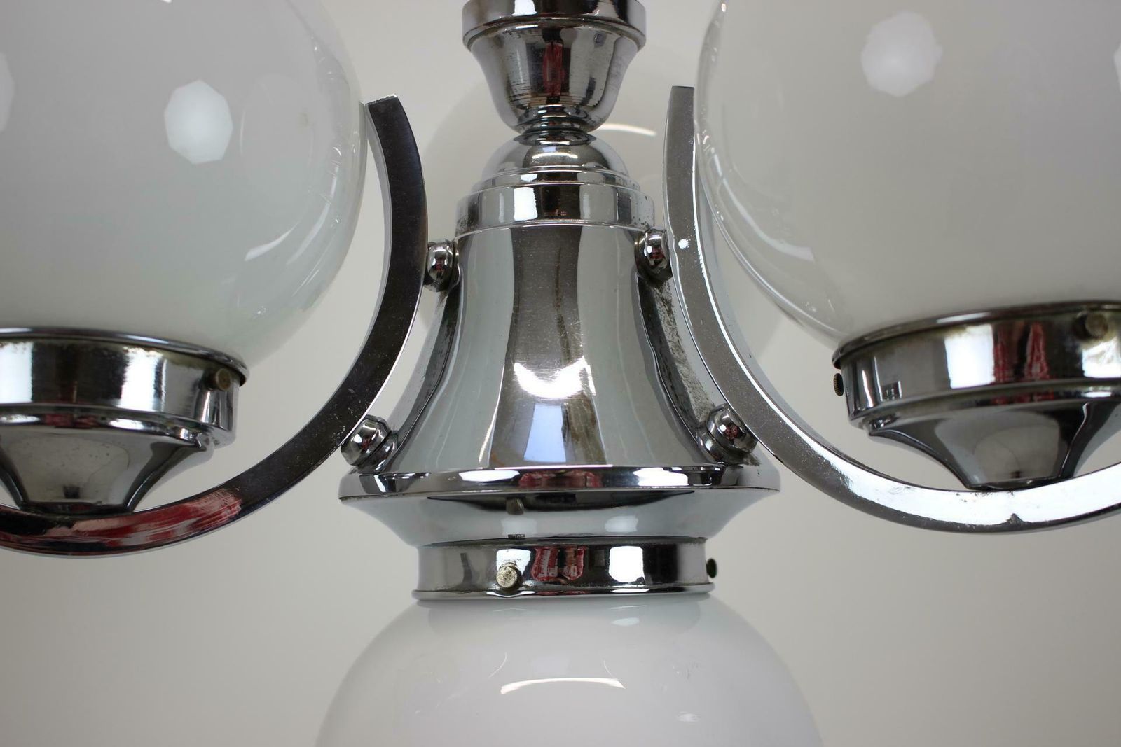 Art Deco Chrome And Pink Glass Chandelier, 1930's, Czechoslovakia photo vintage