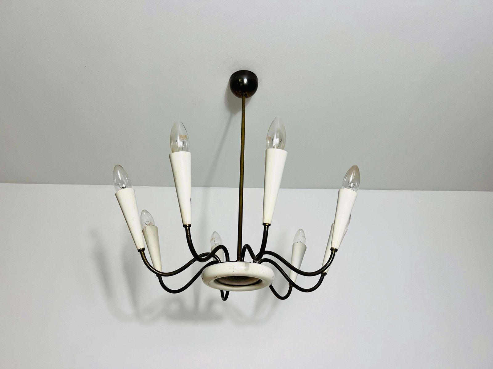 Mid Century Brass 8 Arm Sputnik Chandelier, 1950s, Italy photo furniture