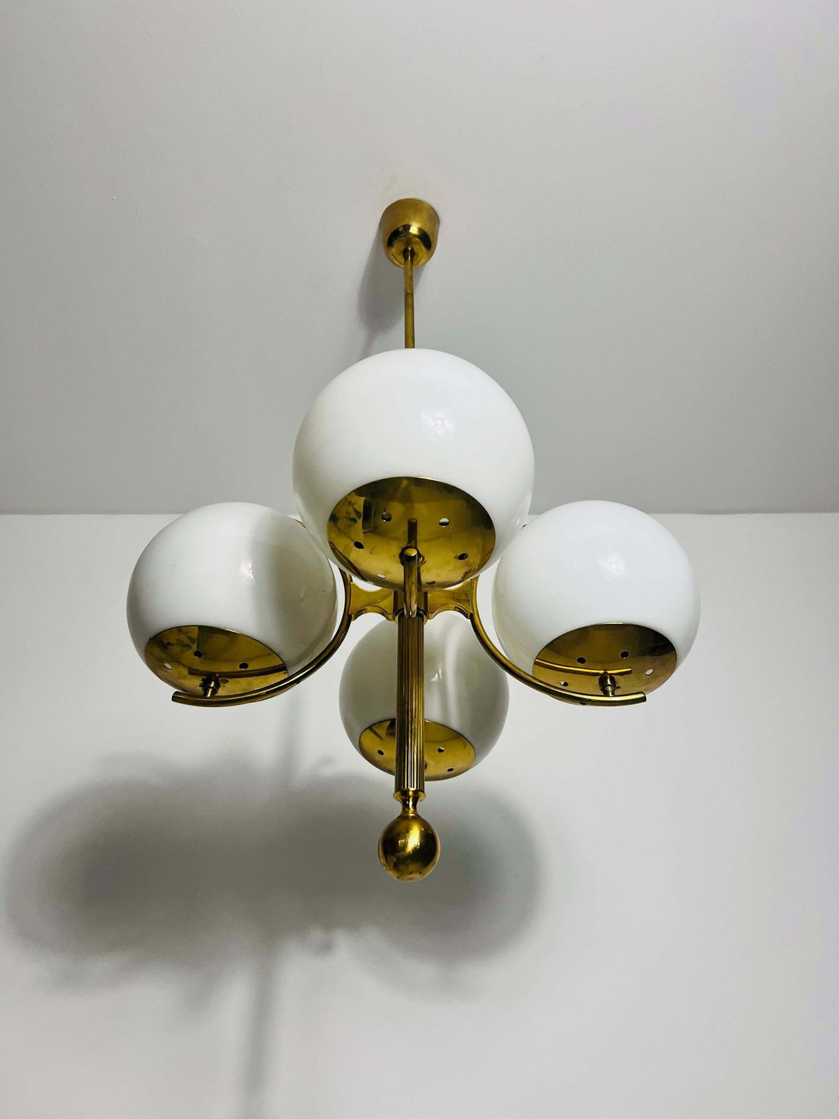 Exceptional Mid Century Modern Brass Kaiser 4 Arm Space Age Chandelier, 1960s photo furniture