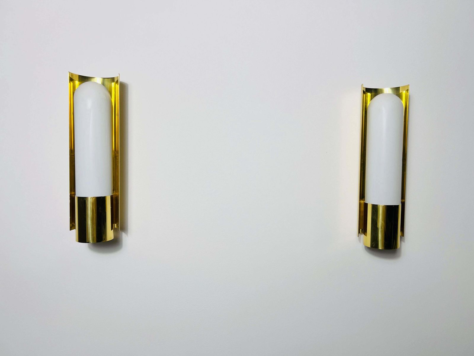 Pair Of Brass And Opaline Glass Wall Lamps By Glashütte Limburg, 1960s photo furniture