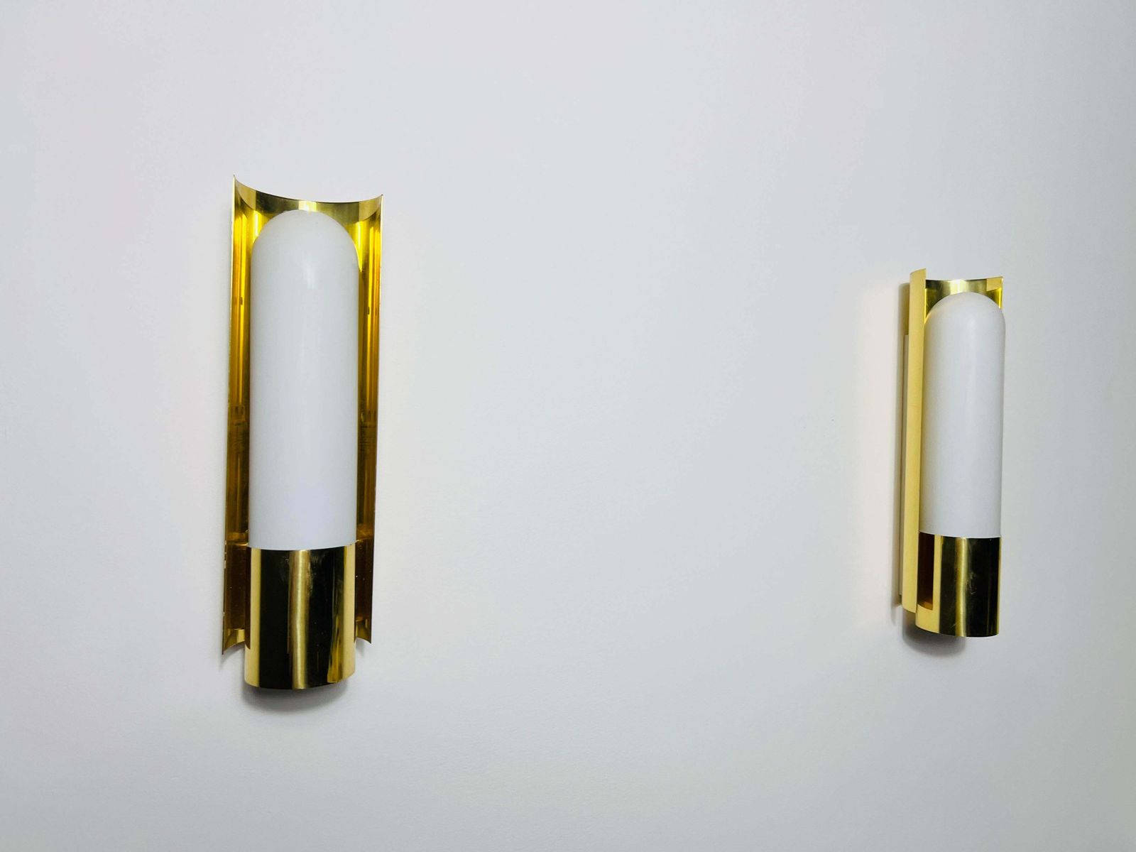 Pair Of Brass And Opaline Glass Wall Lamps By Glashütte Limburg, 1960s photo for sale