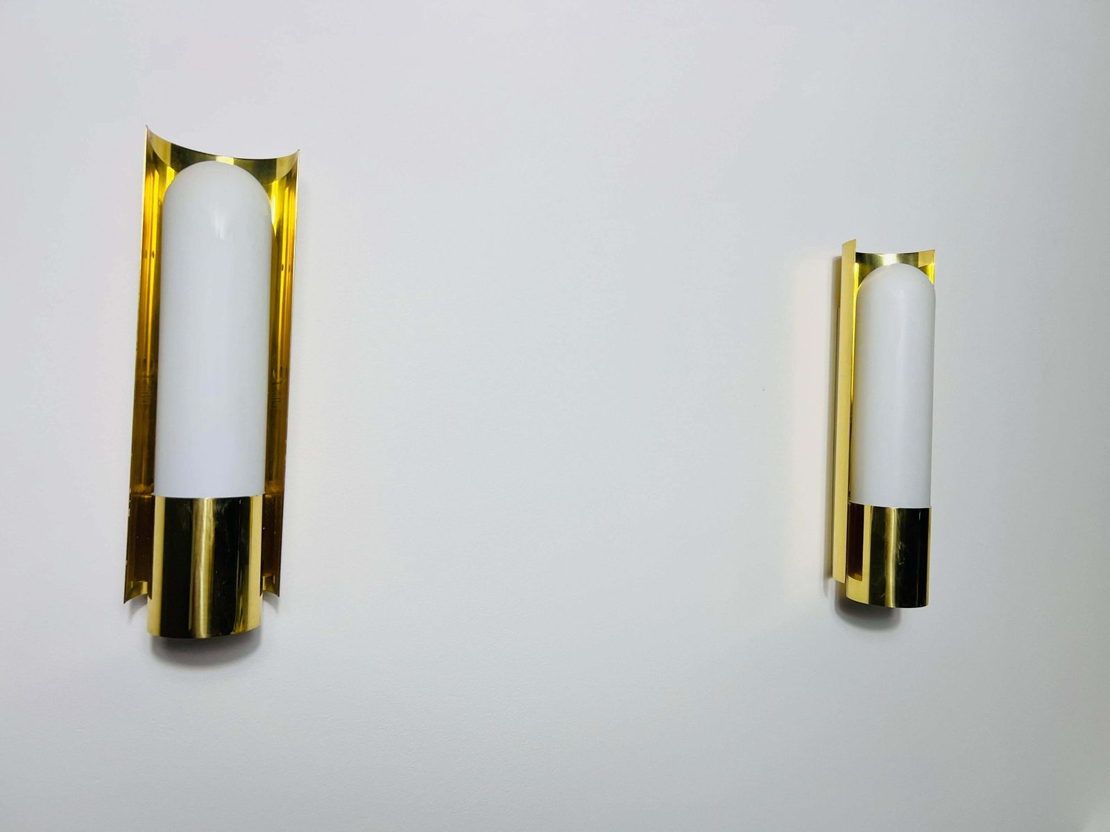 Pair Of Brass And Opaline Glass Wall Lamps By Glashütte Limburg, 1960s photo Lighting