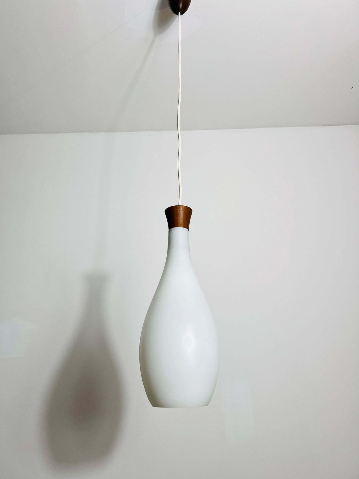 Teak And Opal Glass Pendant Lamp By Uno & östen Kristiansson For Luxus Sweden photo vintage