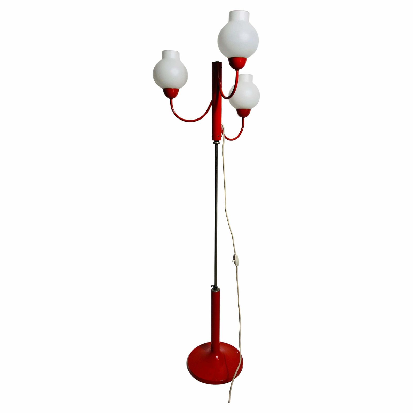 Midcentury Red And Opaline Glass 3 Arm Floor Lamp By Kaiser, Germany, 1960s