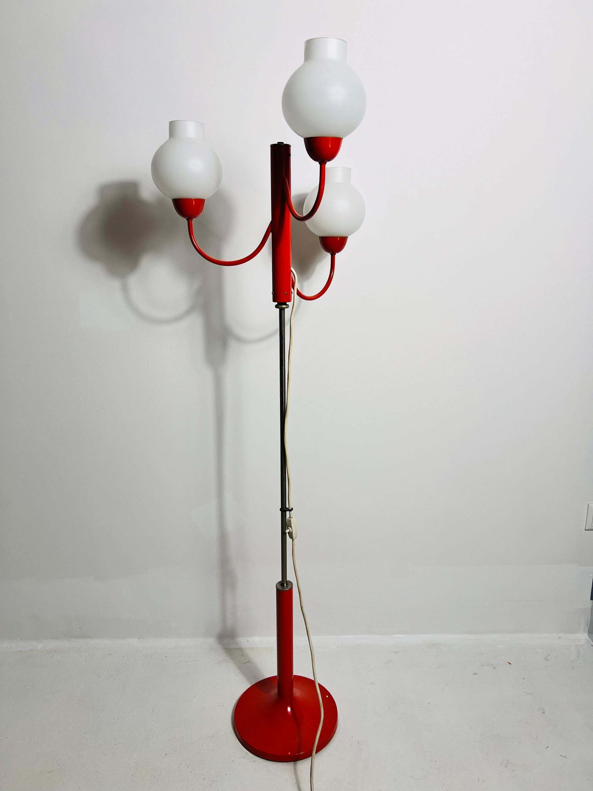 Midcentury Red And Opaline Glass 3 Arm Floor Lamp By Kaiser, Germany, 1960s photo Lighting