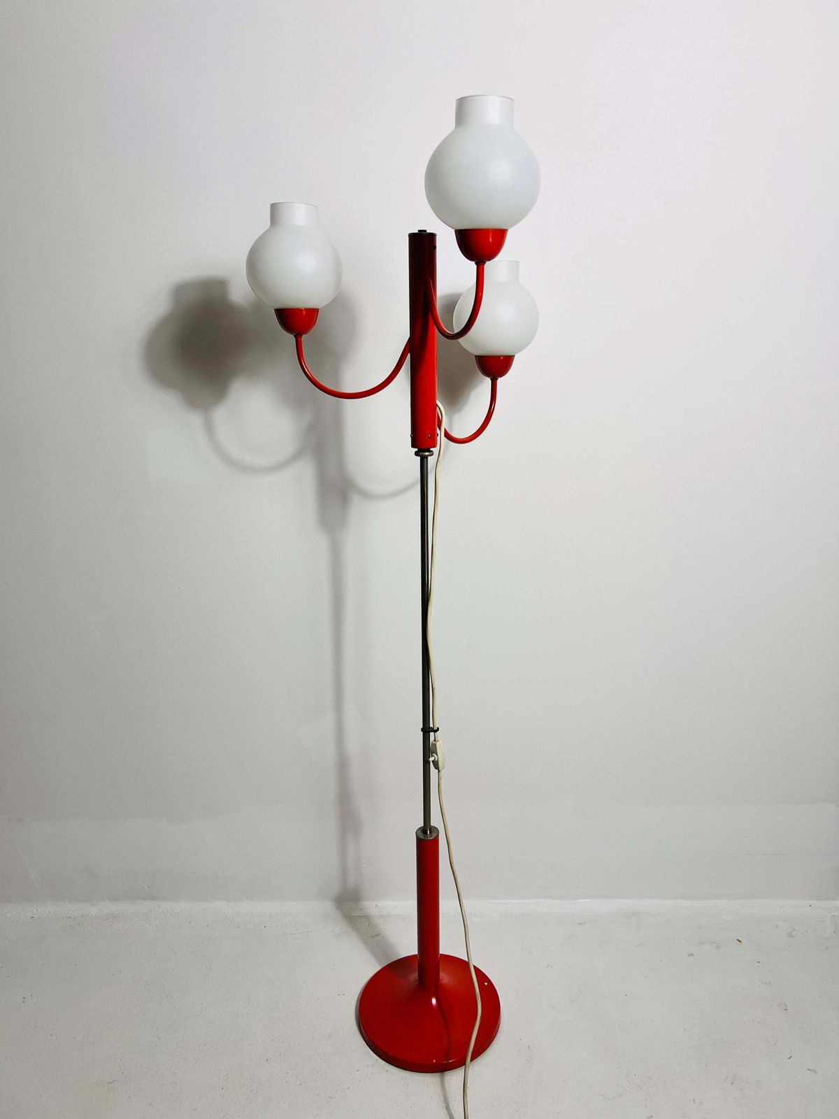 Midcentury Red And Opaline Glass 3 Arm Floor Lamp By Kaiser, Germany, 1960s photo 1360.0
