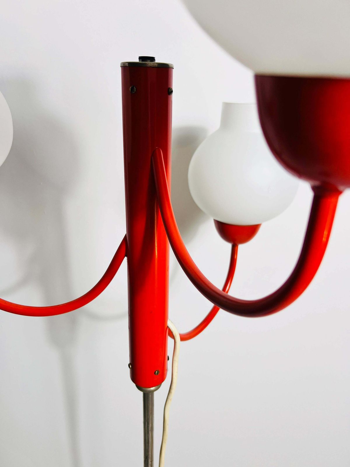 Midcentury Red And Opaline Glass 3 Arm Floor Lamp By Kaiser, Germany, 1960s photo vintage