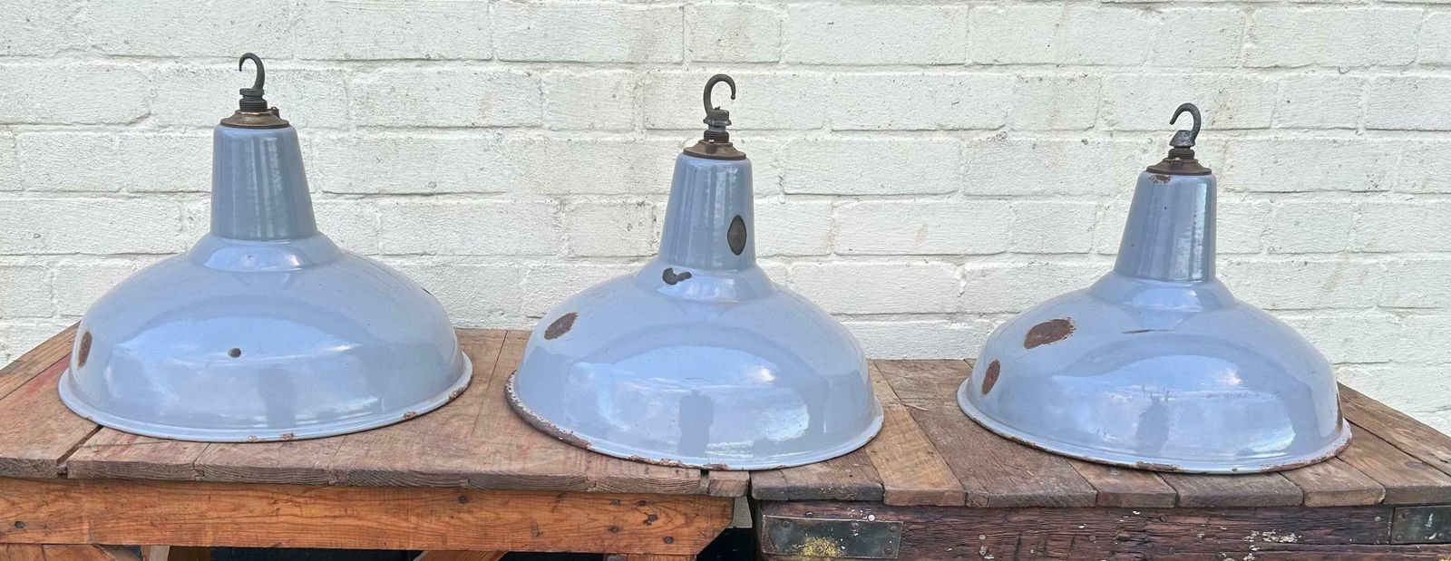 4 Available 1940s Benjamin Industrial Pendant Lamps Light Enamel Antique Vintage Pendant Metal Factory Old Restaurant Cafe photo furniture
