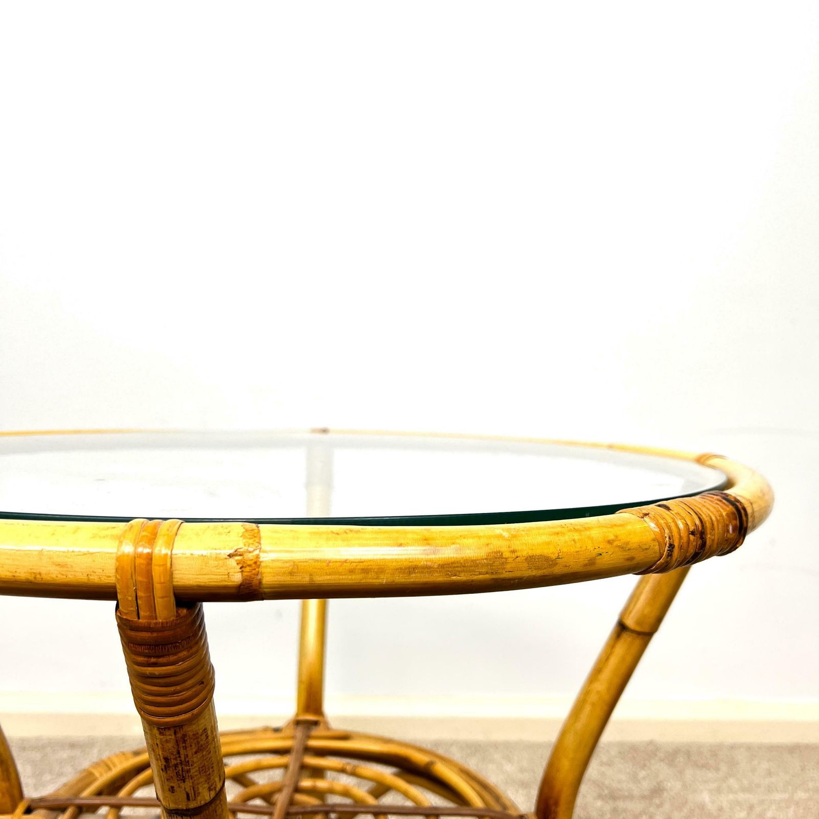 Tiki Boho Vintage Bamboo Round Coffee Table With Rack 1970s photo 99.0