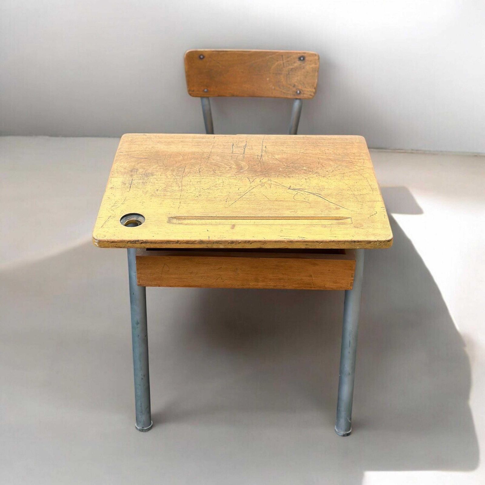 Vintage Mid Century Modern French School Desk Industrial French Rustic Modern Design photo for sale