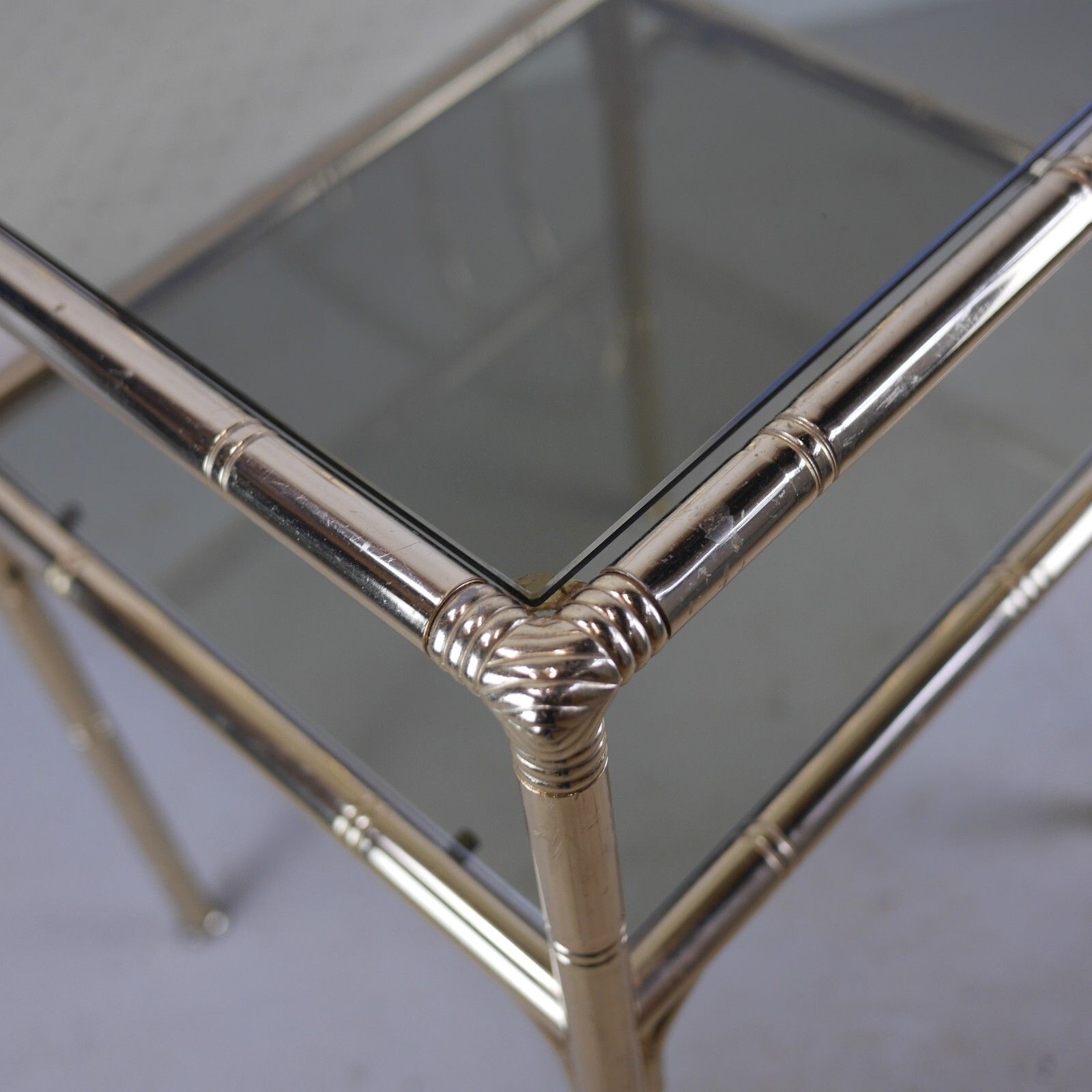 Furniture Vintage Brass Faux Bamboo Telephone Seat Smoke Glass Hollywood Regency #102718 photo