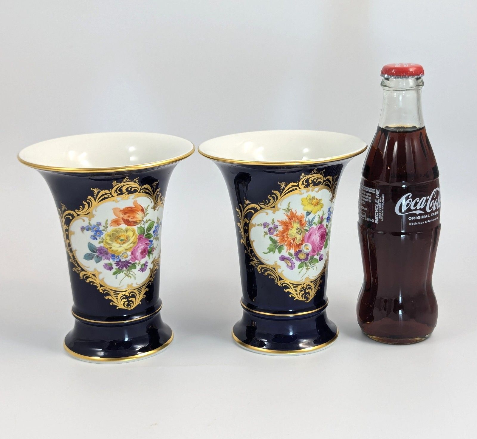 Meissen Hand Painted Floral Cobalt Trumpet Vases photo vinterior