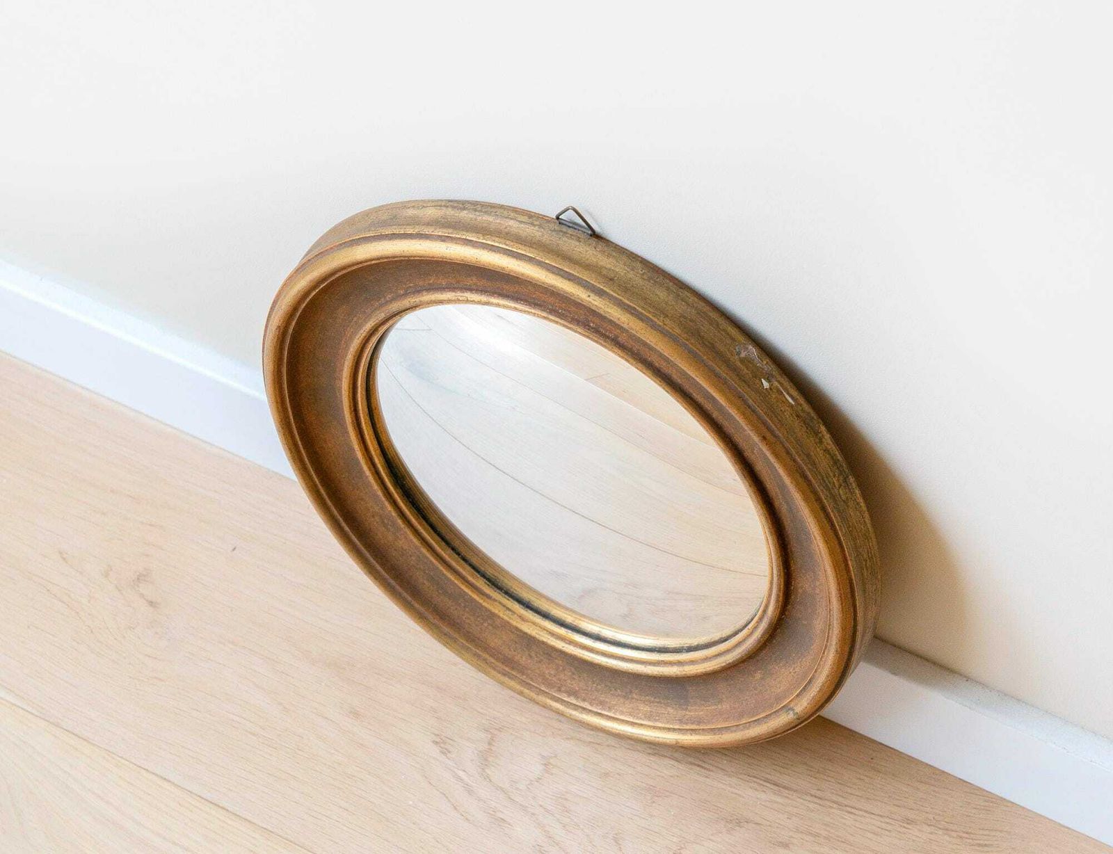 photo for sale Round Gold Convex Wall Mirror, Mid Century Butler Mirror, 1950s Design, Belgian Wall Mirror, Giltwood, Old Bullseye Mirror