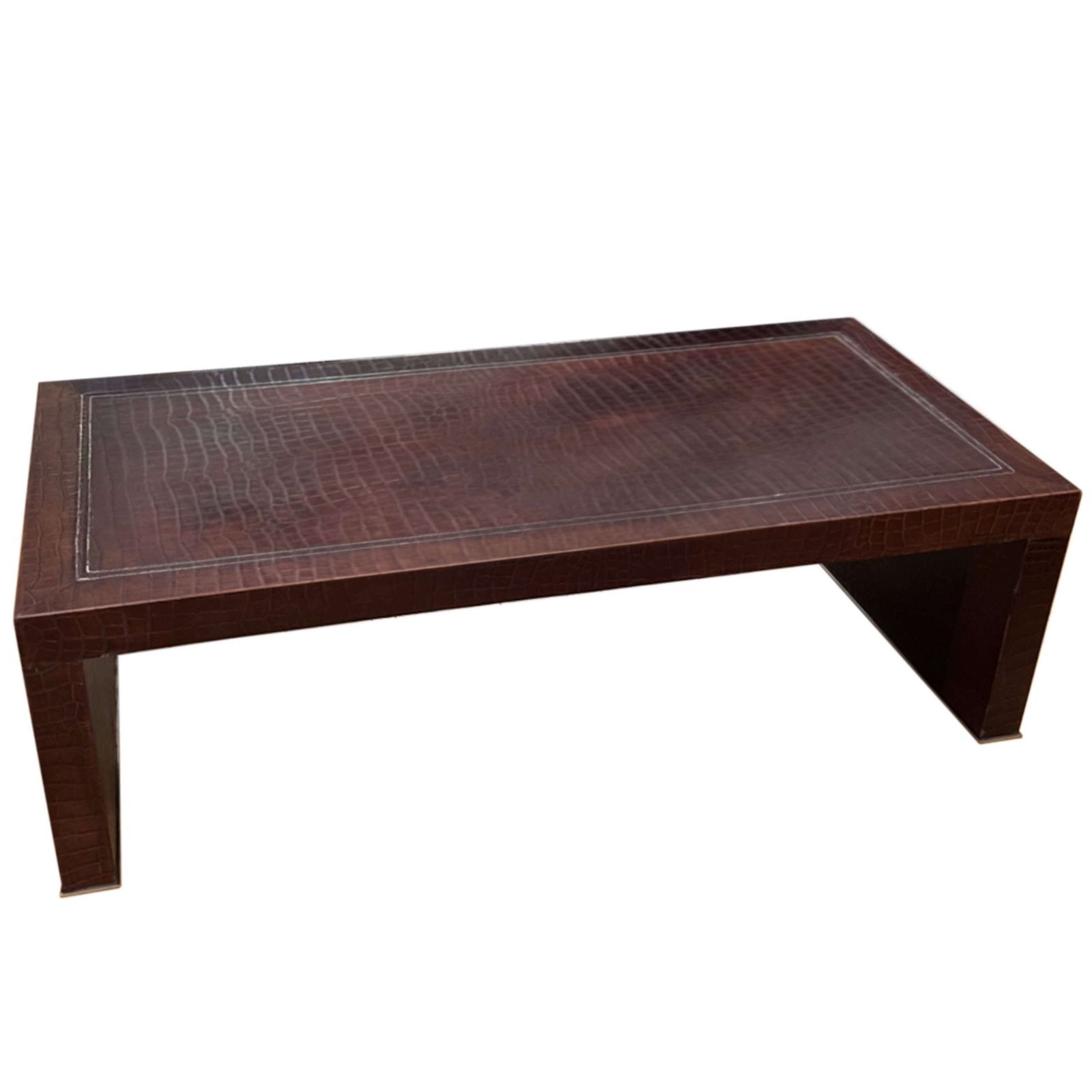 Large French 1970s Faux Crocodile Pressed Leather Coffee Table