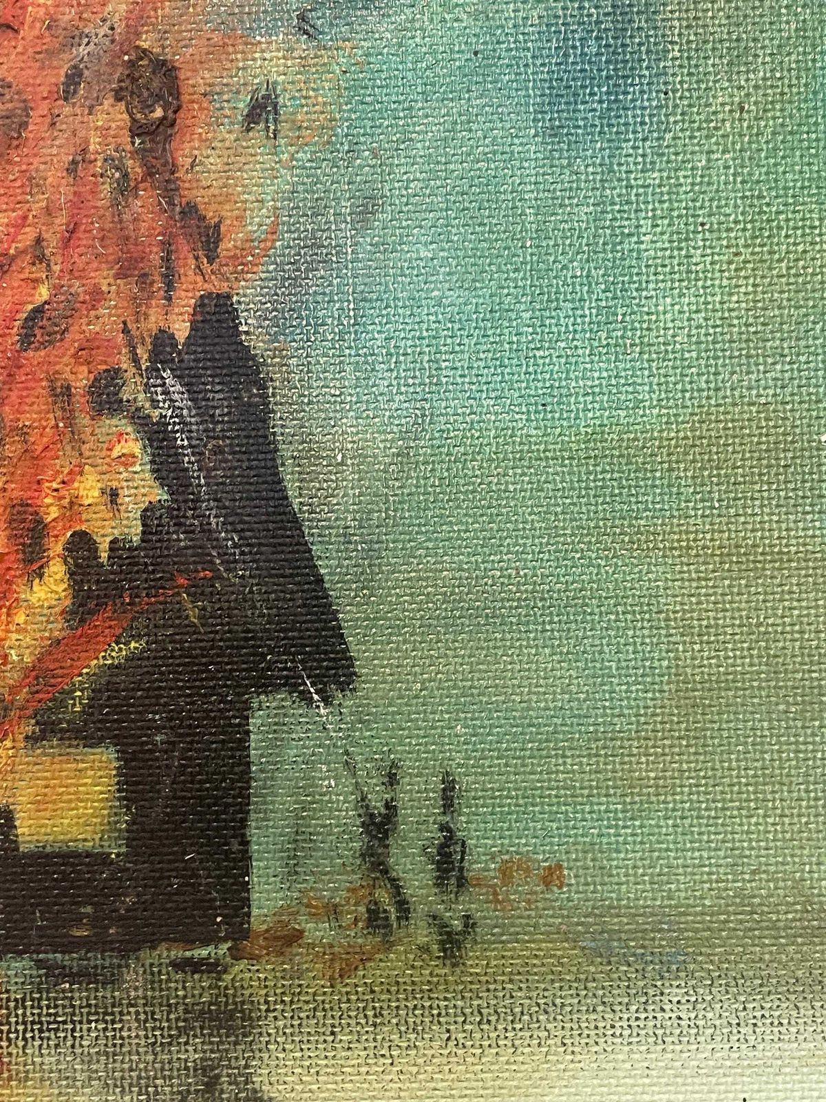 Danish Vintage Abstract Mid Century Oil Painting By Artist Etta Westing Of Burning Farm From 1994 photo vinterior