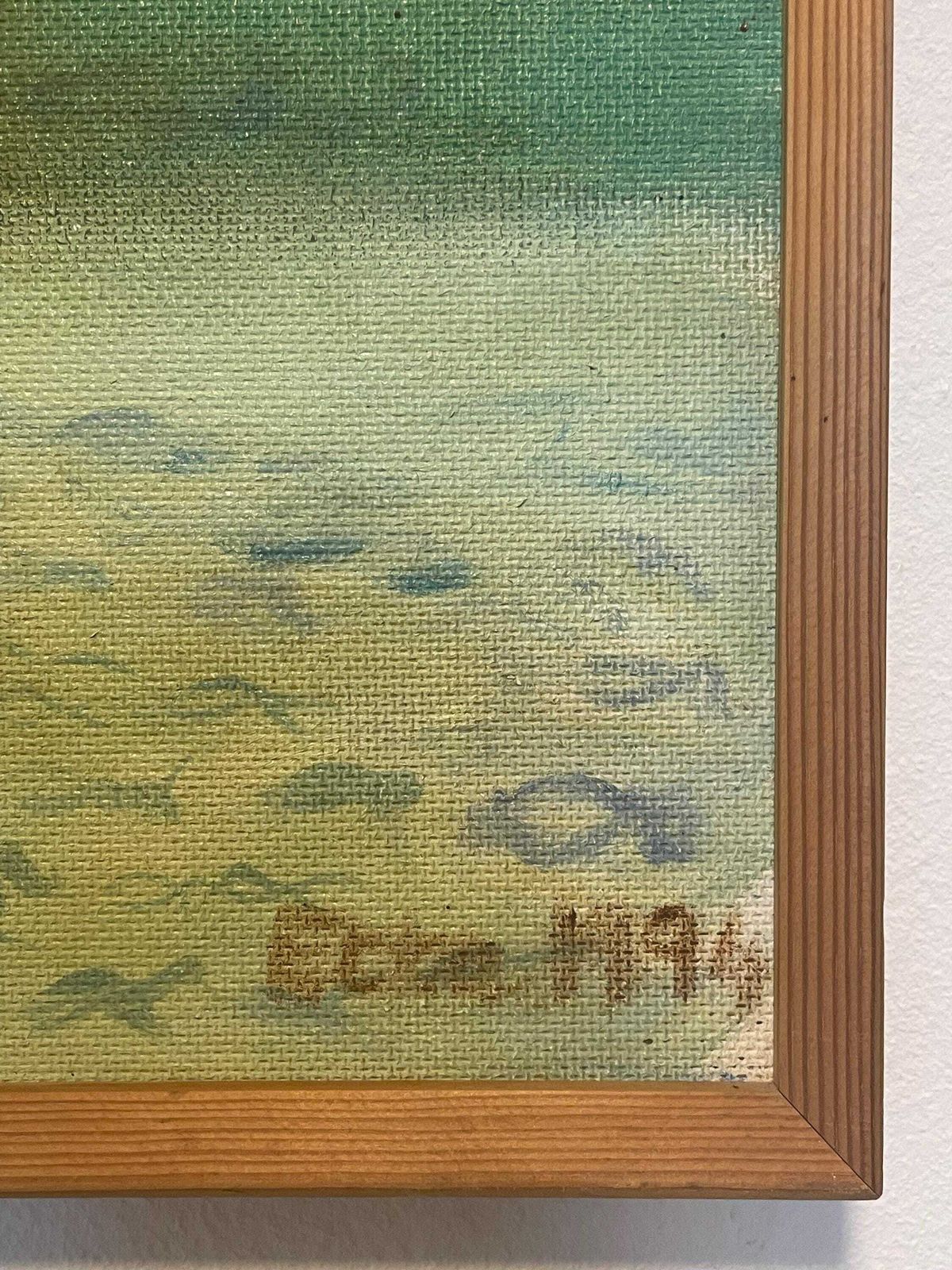 Danish Vintage Abstract Mid Century Oil Painting By Artist Etta Westing Of Burning Farm From 1994 photo buy
