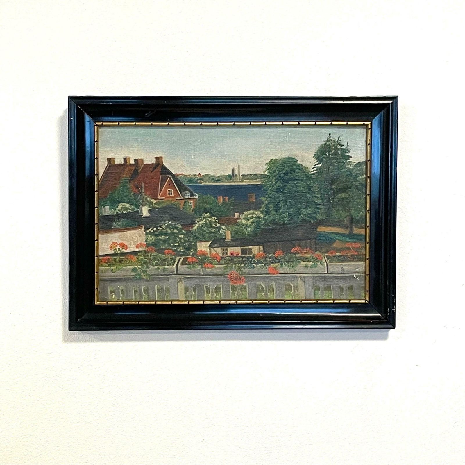Antique Original European Oil Painting With Motive From Flower Covered Balcony With Ocean View