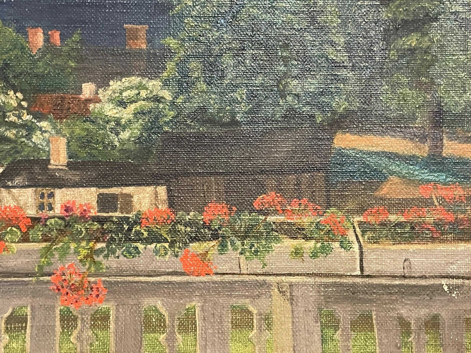 Antique Original European Oil Painting With Motive From Flower Covered Balcony With Ocean View photo 211.0