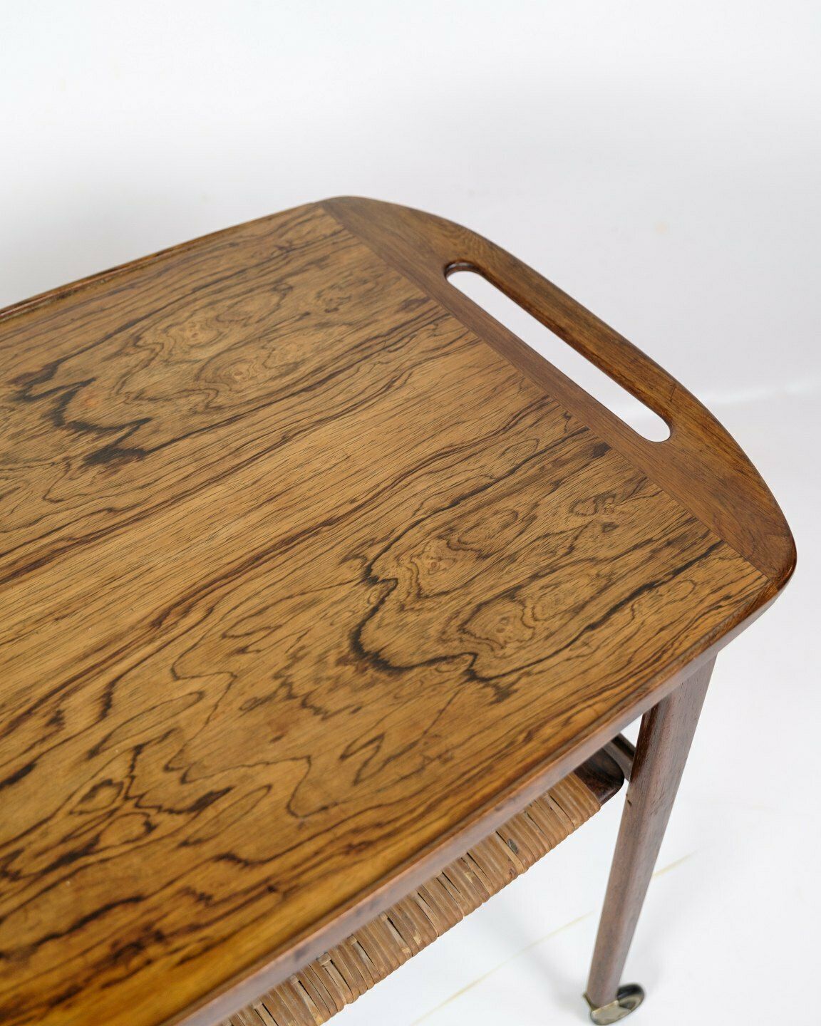 Serving Trolley In Rosewood With Wicker By Johannes Andersen For Cfc Silkeborg From 1950s photo for sale