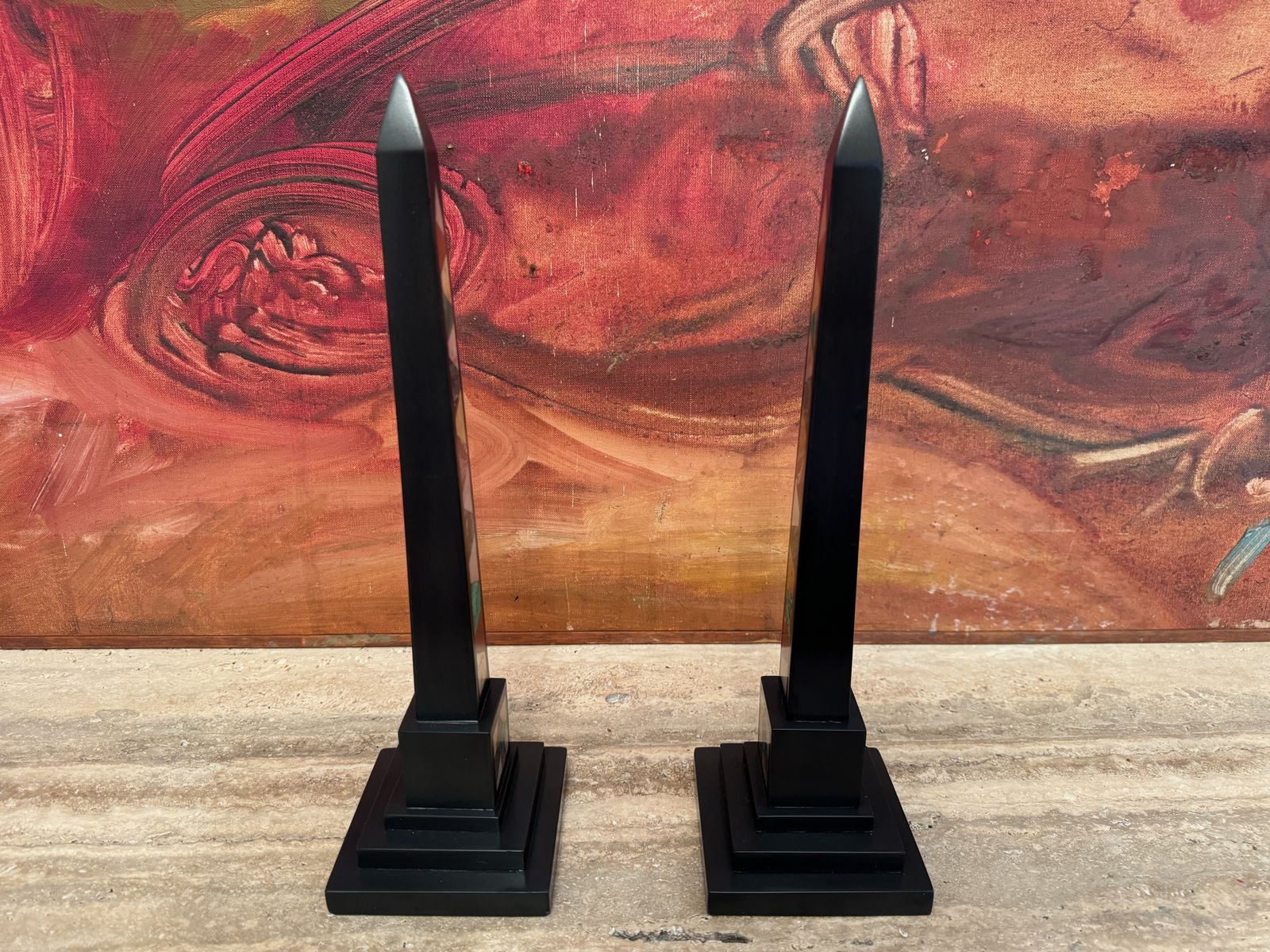 photo buy Pair Of 19th Century Ashford Black Marble And Pietra Dura Obelisks