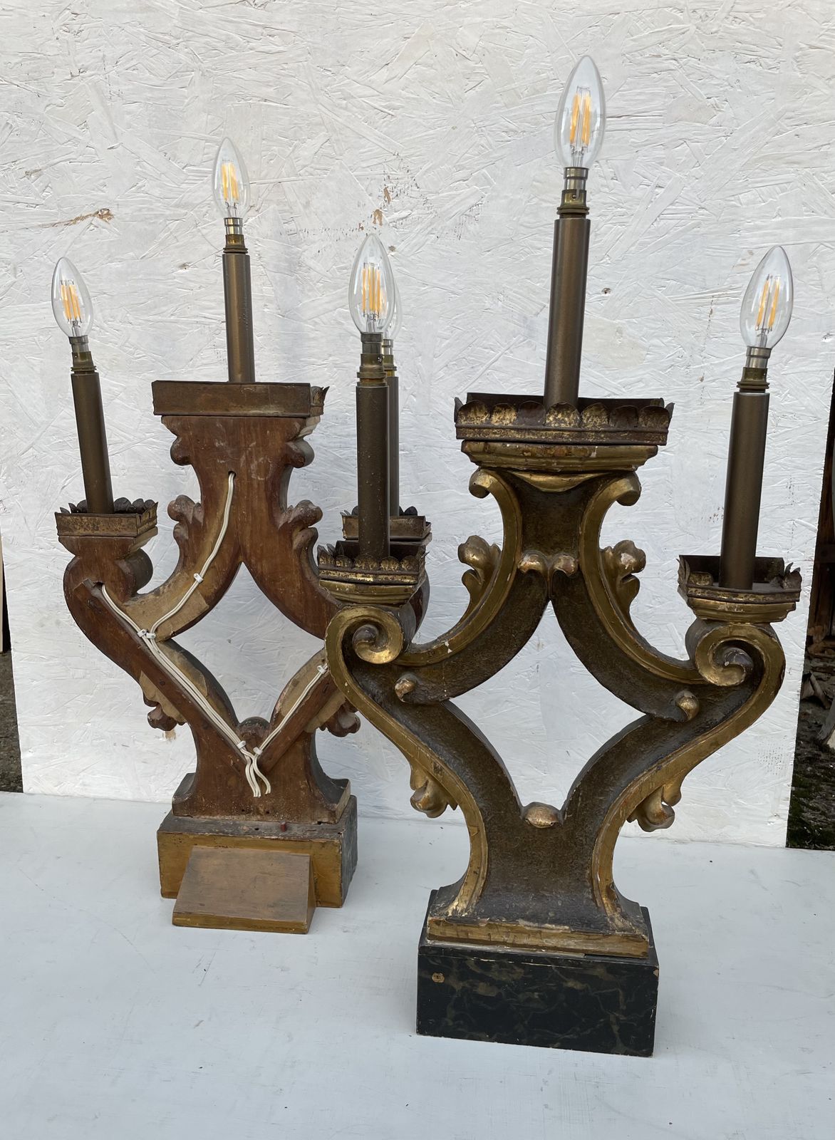 Pair Of Carved, Painted, And Giltwood Three Light Table Lamps Incorporating 19th Century And Later Elements photo for sale