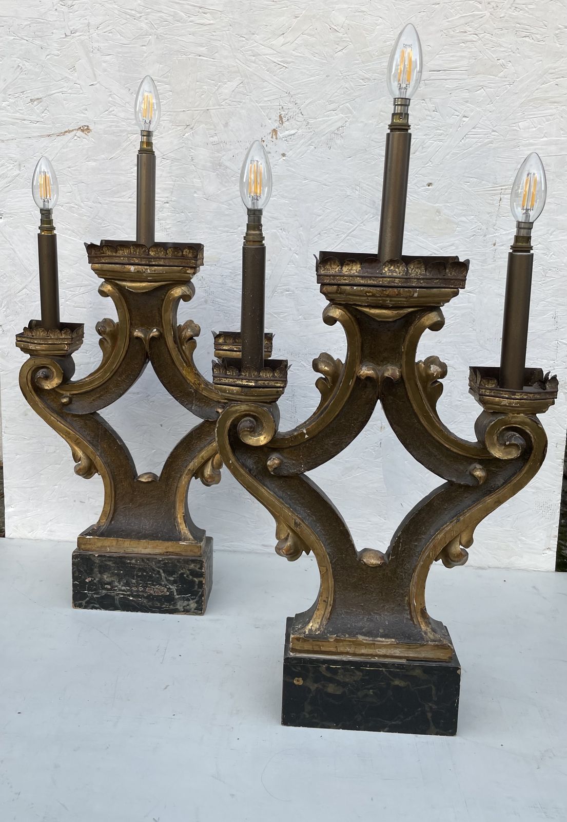 Lighting Pair Of Carved, Painted, And Giltwood Three Light Table Lamps Incorporating 19th Century And Later Elements photo