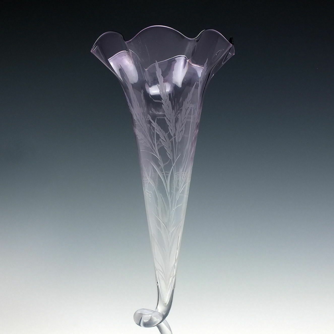Art Nouveau Engraved Amethyst Glass Trumpet Stem Vase C1890 photo for sale