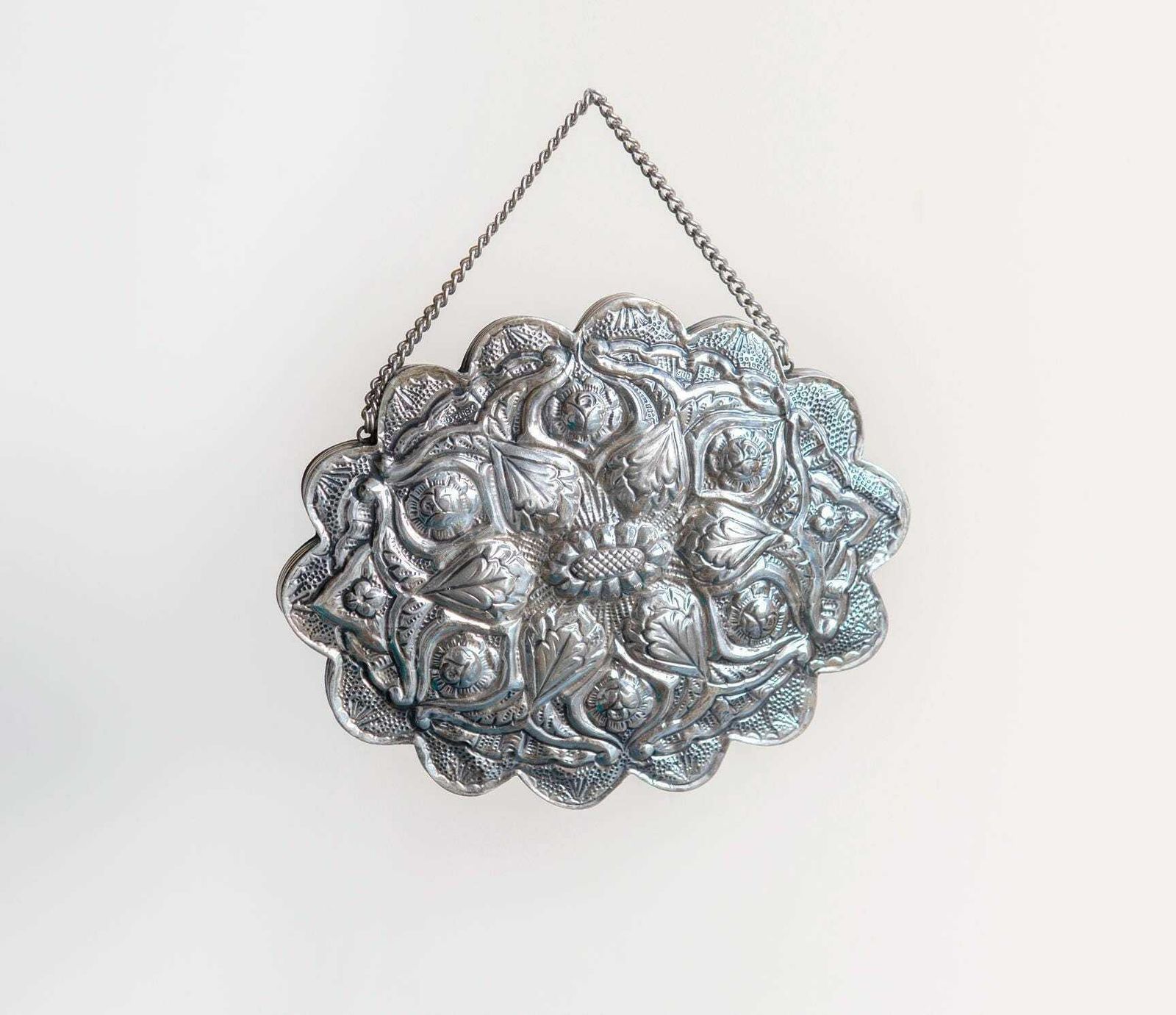 Petit miroir de mariage turc, miroir festonné en argent gravé avec chaîne de suspension, miroir de mariée ornemental décoratif photo furniture