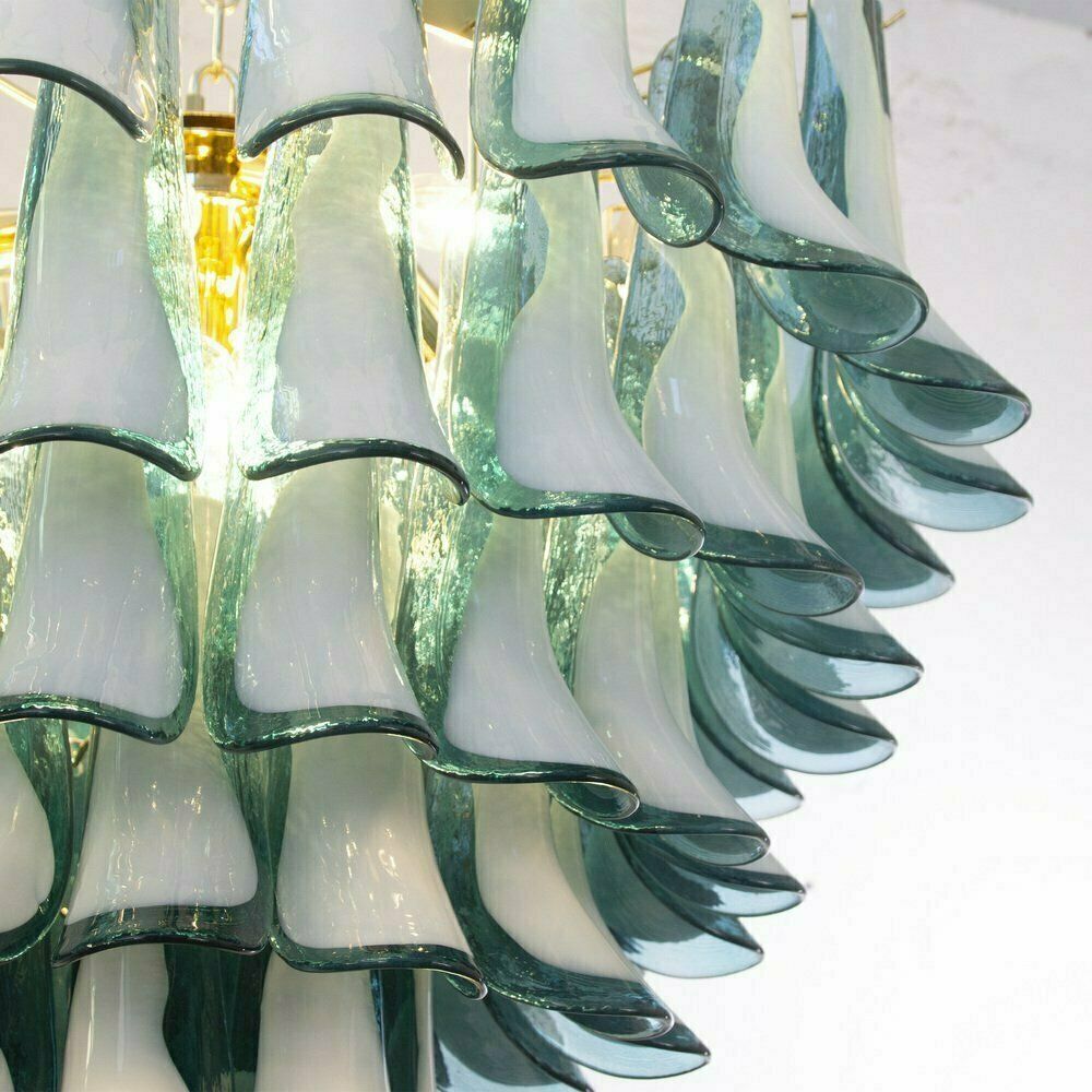 photo for sale Petalo Chandelier In White And Teal Murano Glass, Italy, 1990s