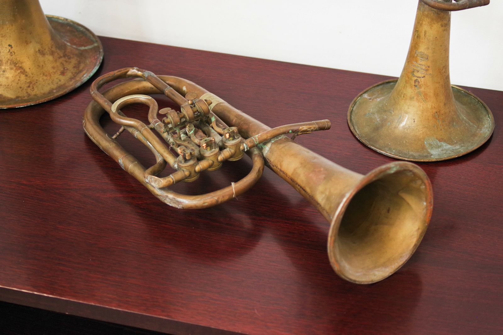 Set Of Three 1940s Copper Trumpets   Antique Musical Instrument Collection photo 1800.0