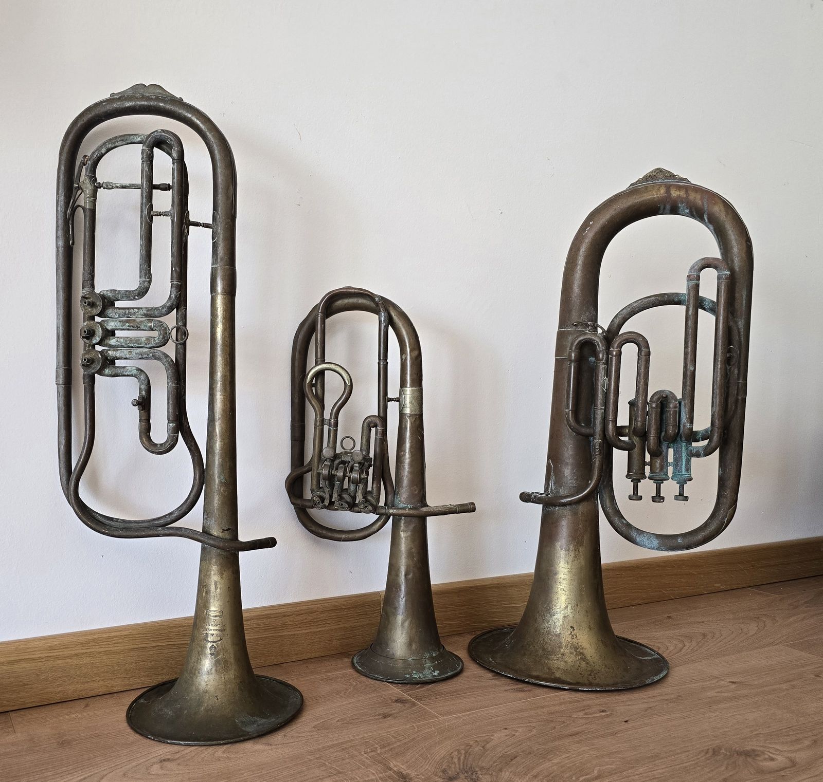 Set Of Three 1940s Copper Trumpets   Antique Musical Instrument Collection