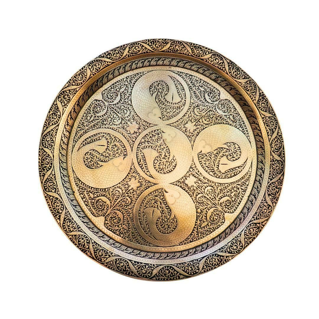 Mid Century Indian Brass Tray With Engraved Fish And Foliate Design 11.6 '', Nautical Brass Tray, Black Enamel And Brass Tray For 4 People. photo vinterior