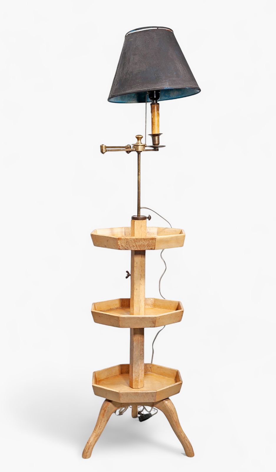 Mid 20th Century Modern Brass And Parchment Covered Wood Three Tier Floor Lamp With Shade, France