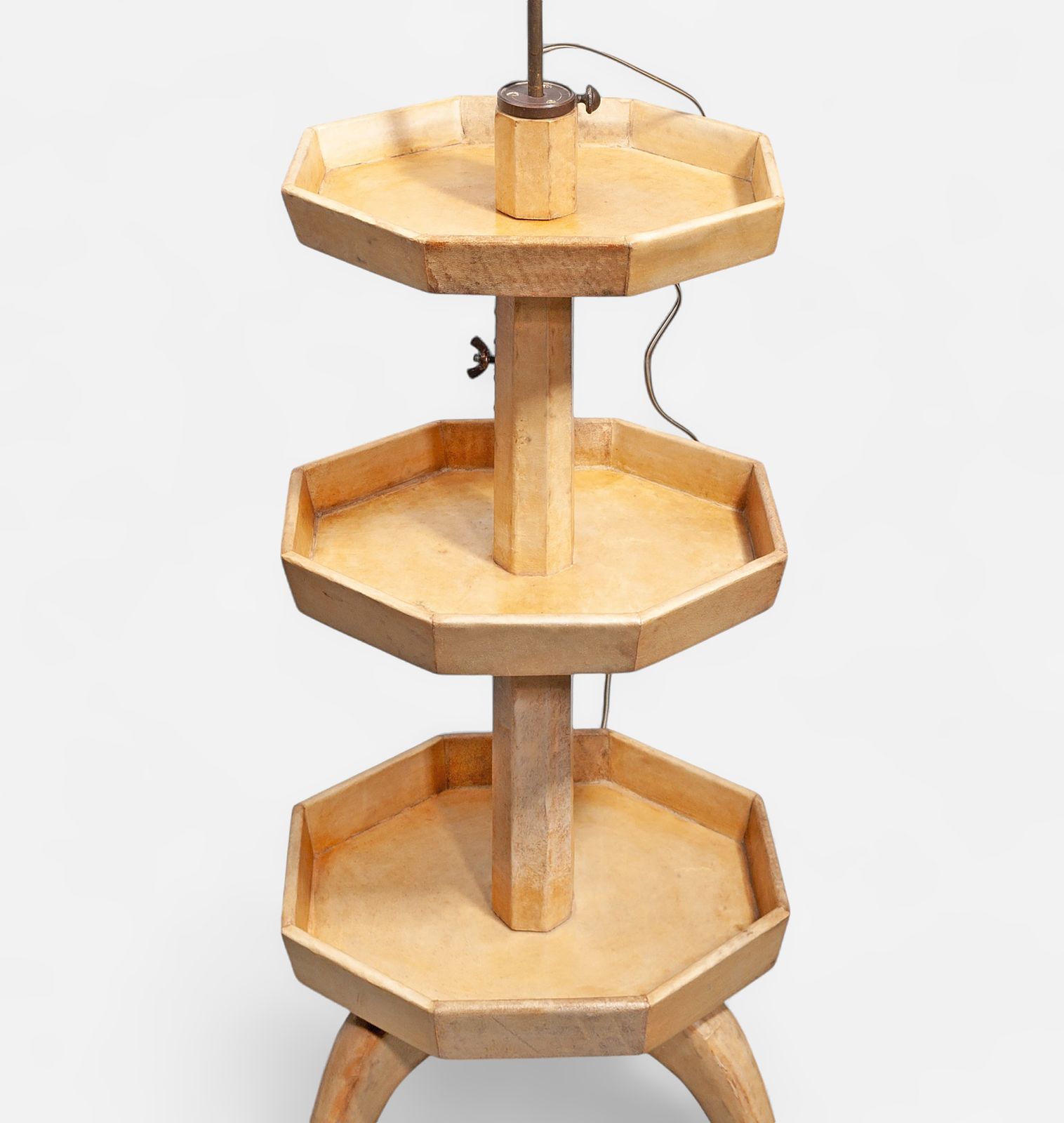 Mid 20th Century Modern Brass And Parchment Covered Wood Three Tier Floor Lamp With Shade, France photo for sale