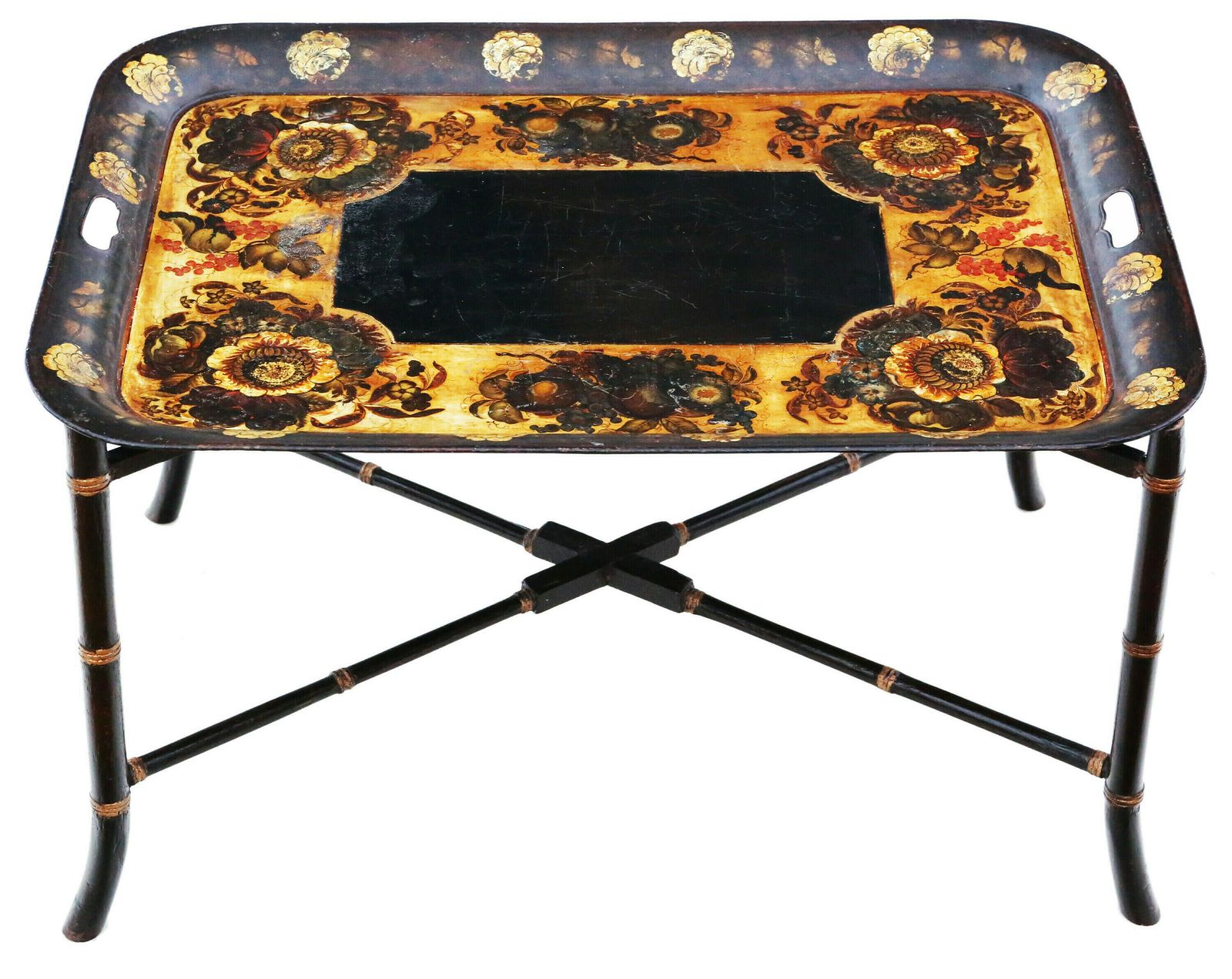 Antique Quality Victorian 19th Century Decorated Black Lacquer Coffee Table Tray On Stand photo furniture