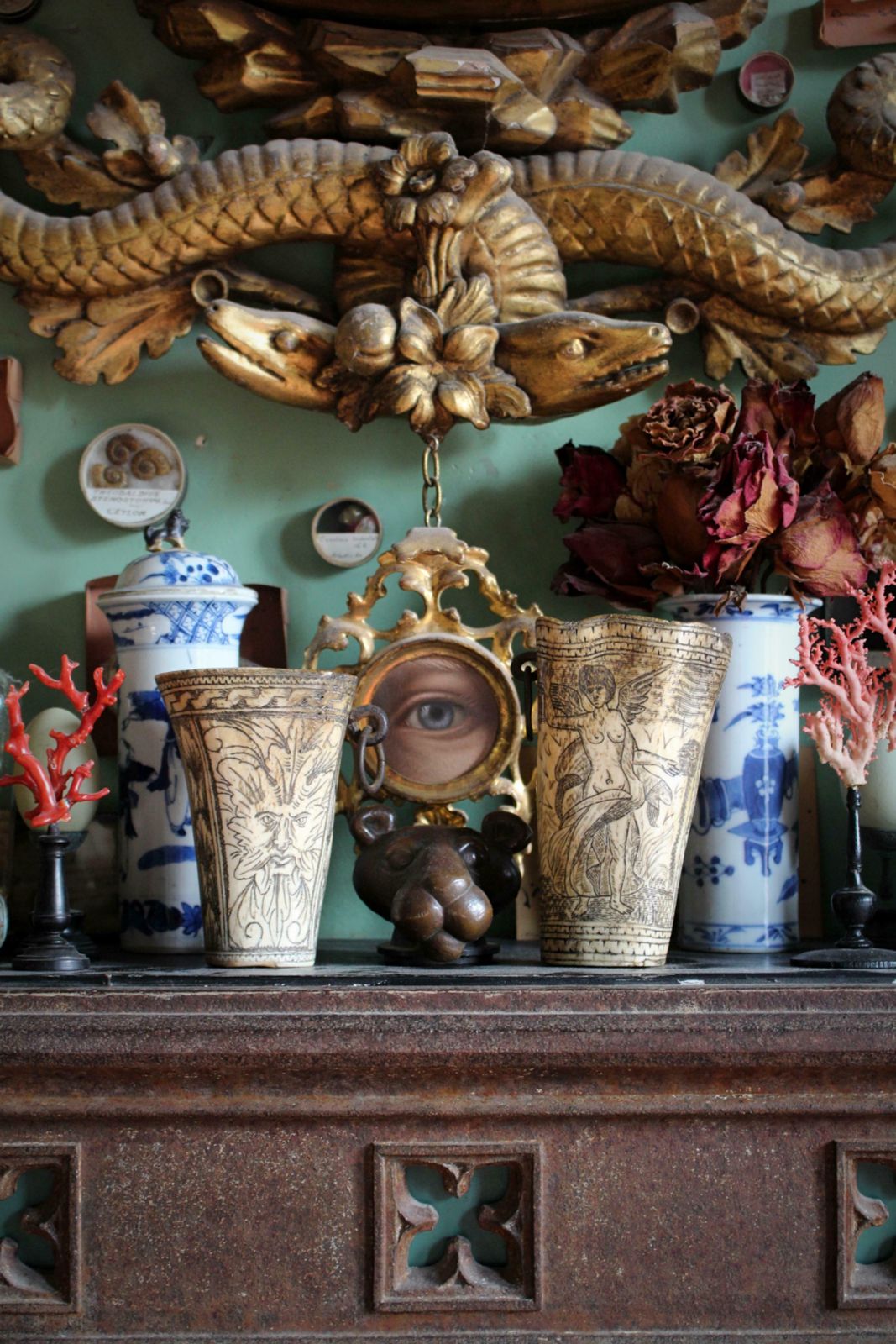18th Century Ox Bone Carved Riding Hunting Cups Classical Figures Green Man photo furniture