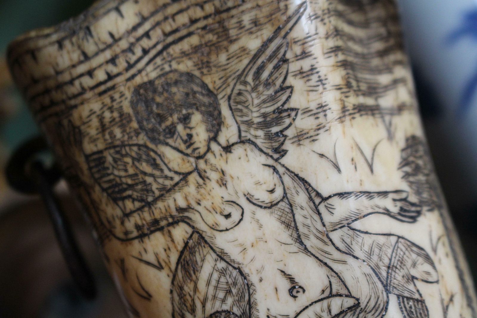 18th Century Ox Bone Carved Riding Hunting Cups Classical Figures Green Man photo Home Decor